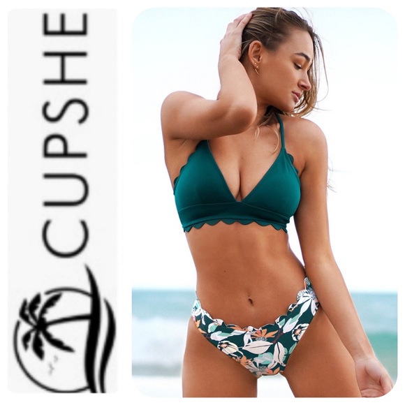 Cupshe Other - Cupshe Green Scalloped Edge V-Neck Printed Bottom Bikini, M - NWT